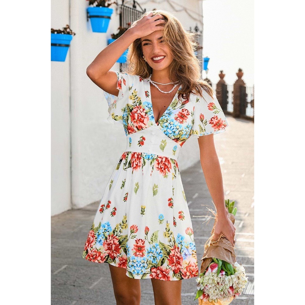 Cupshe White Floral V-Neck Button Front Mini Dress Flutter Sleeve S